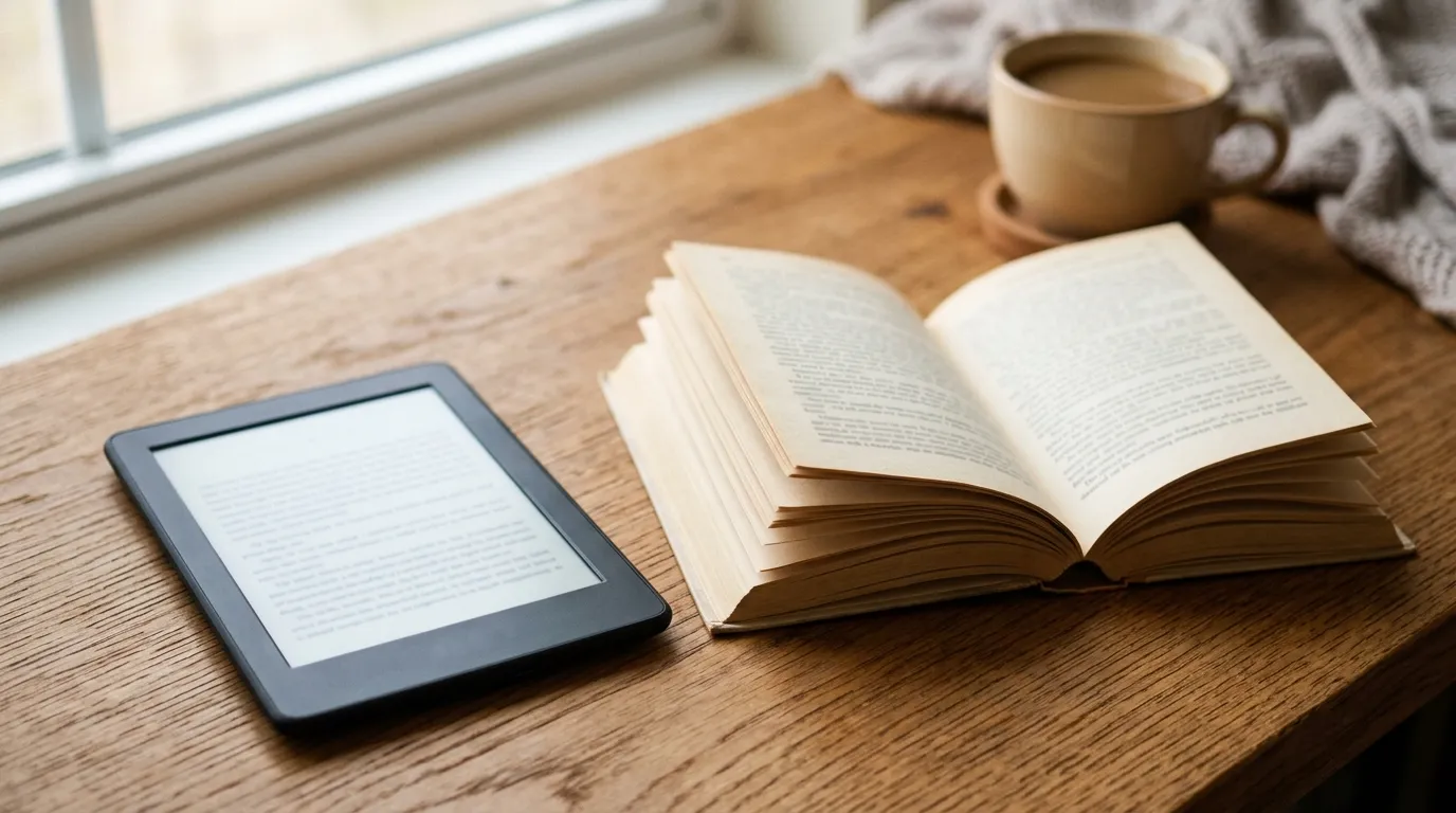 Kindle e-reader ao lado de um livro físico aberto sobre superfície de madeira — comparativo honesto entre leitura digital e física