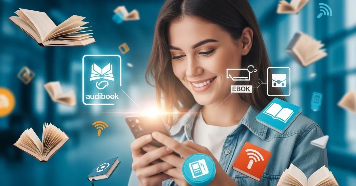 Pessoa lendo no celular com livros digitais e audiobooks flutuando, simbolizando o teste grátis do Kindle Unlimited e leitura ilimitada em 2026.