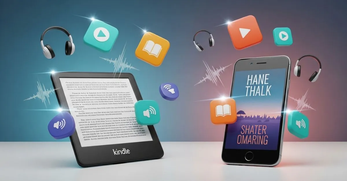 Kindle e smartphone lado a lado mostrando livros digitais do Kindle Unlimited e ícones de audiobooks, representando leitura ilimitada em múltiplos dispositivos.