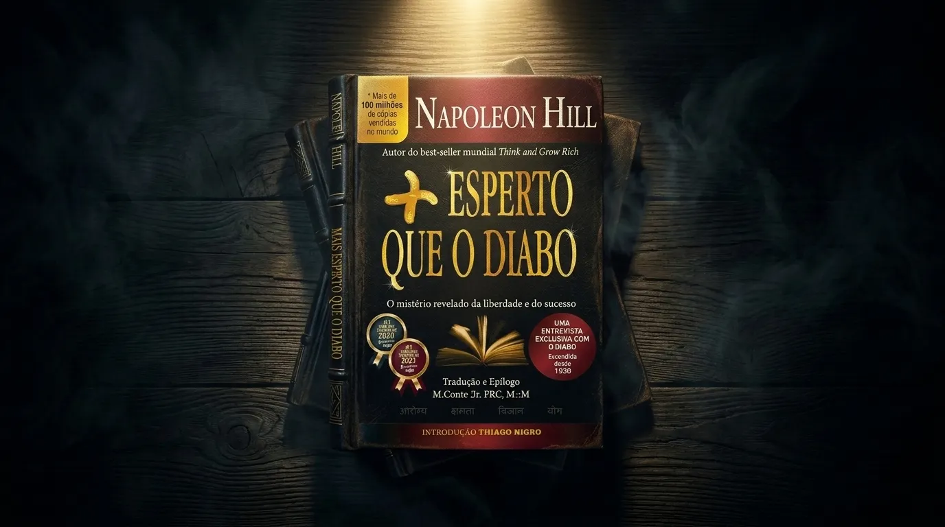 Livro Mais Esperto que o Diabo de Napoleon Hill sobre superfície escura com iluminação dramática — resenha completa do livro que ficou escondido por 70 anos.