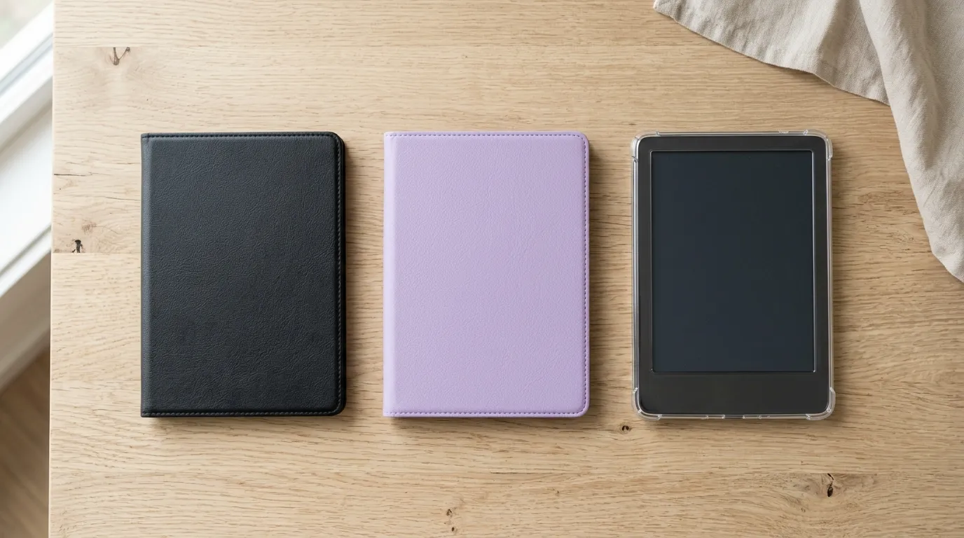 Capas para Kindle em diferentes cores e modelos sobre mesa de madeira — guia completo das melhores capas para Kindle disponíveis na Amazon Brasil em 2026.