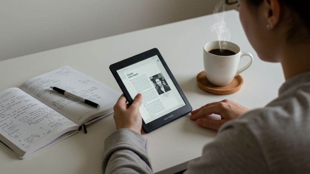 Estudante usando Kindle para estudar em uma mesa organizada, com caderno, caneta e uma xícara de café – ambiente de foco e leitura digital.