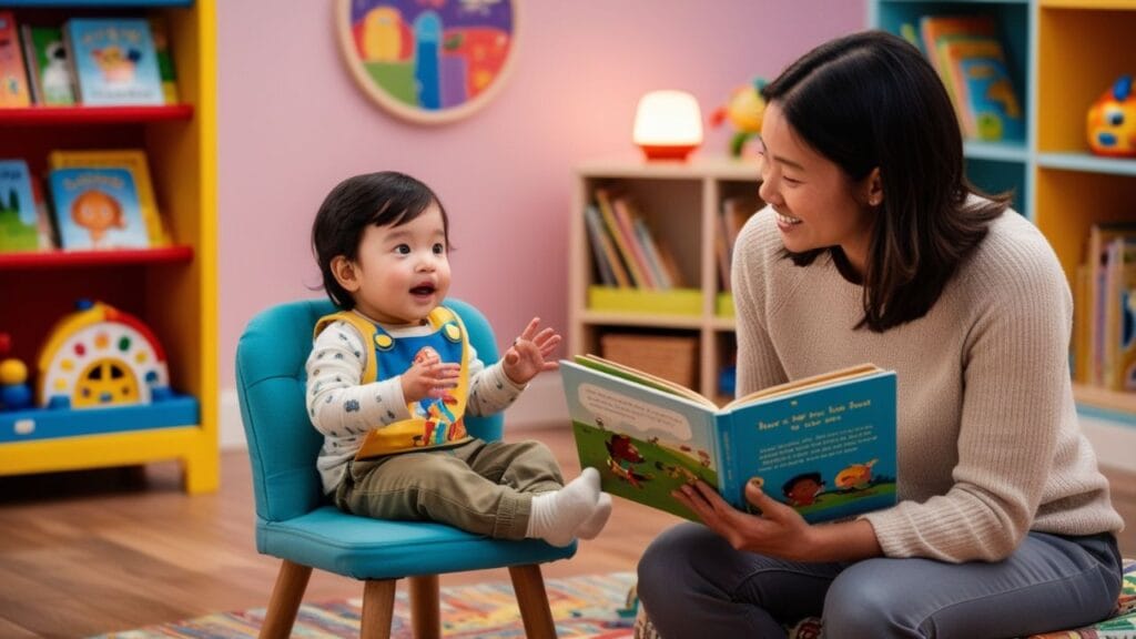 Cena aconchegante de uma criança sentada em uma poltrona infantil, lendo um livro ilustrado ao lado de um adulto - Leitura na Infância