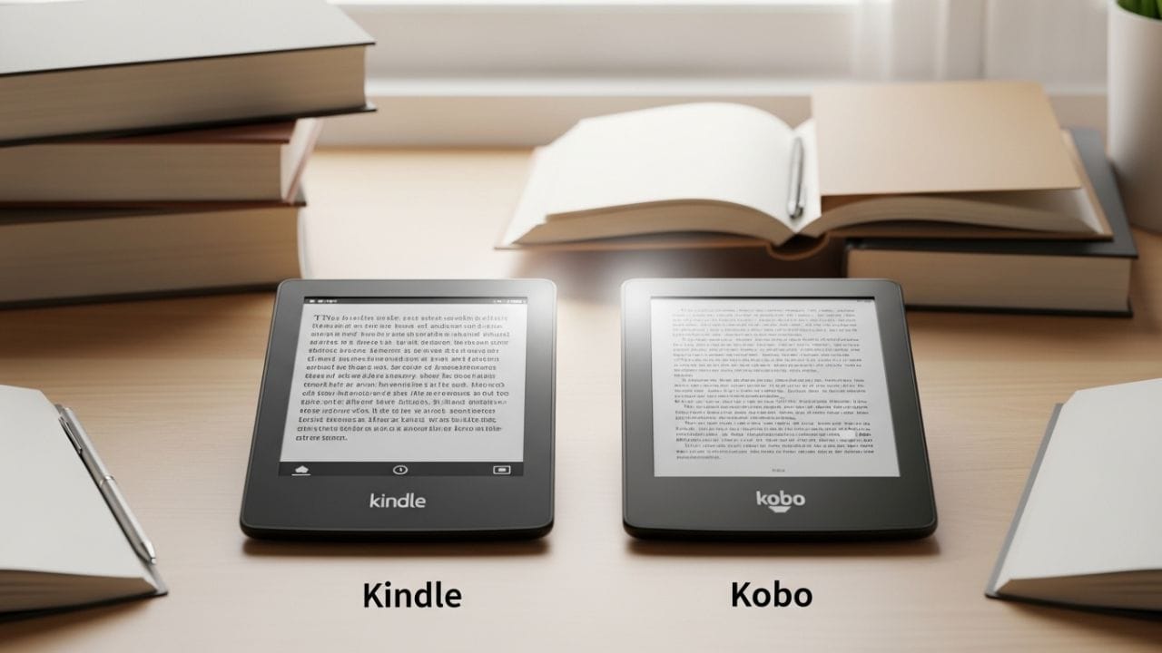 Comparativo Kindle vs Kobo em 2026: mesa organizada com dois e-readers, livros físicos e cadernos ao fundo. Kindle em destaque com tela de leitura nítida, ambiente de estudo iluminado, enfatizando conforto visual, portabilidade e decisão pró-Kindle.