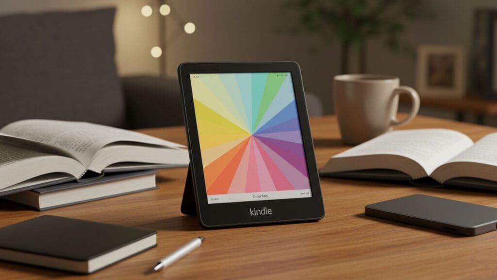 Kindle Colorsoft com tela colorida, rodeado de livros, café e acessórios de leitura digital em um cantinho aconchegante.