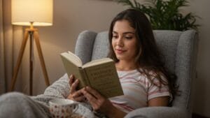 Sofia Almeida relaxando com um livro: descubra como a leitura reduz o estresse.
