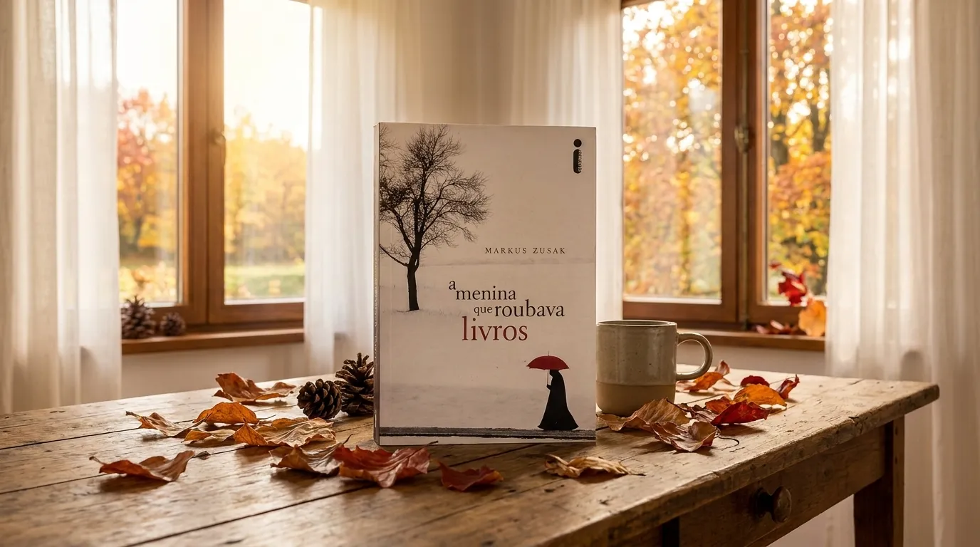 A Menina que Roubava Livros de Markus Zusak — silhueta de menina com guarda-chuva vermelho na neve ao lado da capa do livro — resenha completa do livro e do filme de 2013.