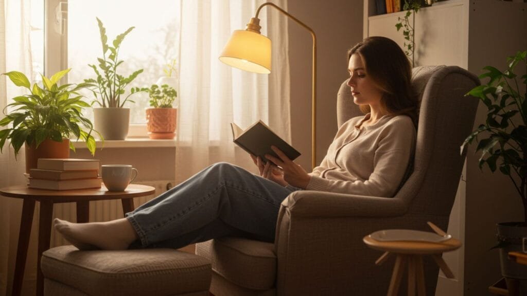 Mulher lendo em uma poltrona confortável ao lado de uma janela iluminada, rodeada por plantas e com uma xícara de chá, representando os benefícios da leitura para reduzir o estresse.