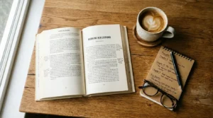 Livro aberto com caderno de anotações, óculos e café sobre mesa de madeira representando hábitos de leitura no dia a dia