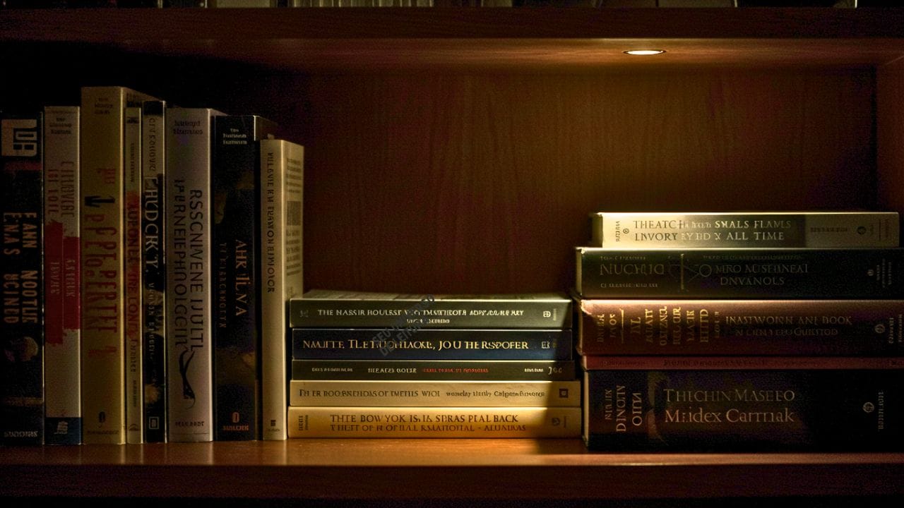 "Estante parcialmente iluminada com livros misteriosos; algumas capas visíveis, outras escondidas, sugerindo que são os livros mais lidos de todos os tempos. Iluminação suave cria um ambiente aconchegante e enigmático, despertando a curiosidade sobre os títulos revelados