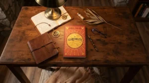 Livro O Alquimista de Paulo Coelho sobre mesa de madeira rústica com diário de couro, bússola dourada, óculos e planta seca ao fundo — resenha completa do livro mais vendido do Brasil.