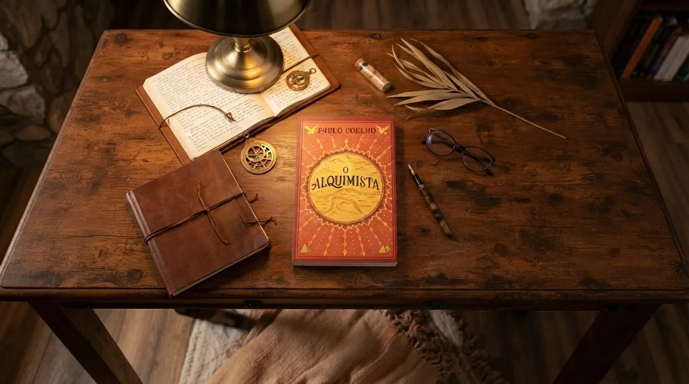Livro O Alquimista de Paulo Coelho sobre mesa de madeira rústica com diário de couro, bússola dourada, óculos e planta seca ao fundo — resenha completa do livro mais vendido do Brasil.