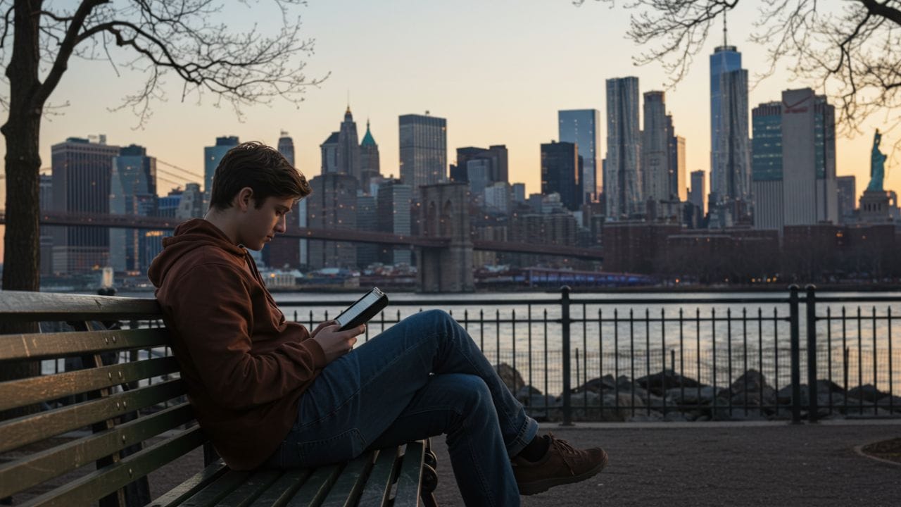 Pessoa sentada em um banco de parque em Nova York, lendo um livro ou Kindle, com o skyline da cidade ao fundo sob luz dourada do fim da tarde, transmitindo uma atmosfera acolhedora e romântica.