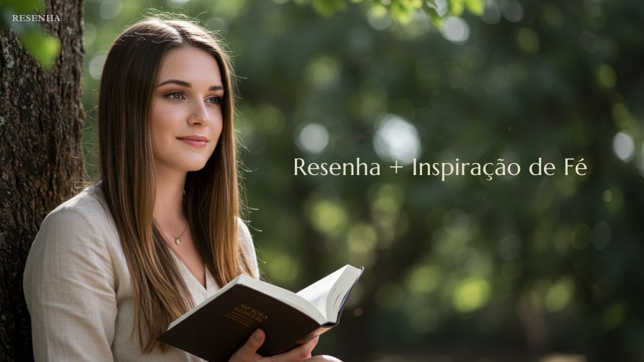 Sofia Almeida lendo um livro devocional à sombra de uma árvore, em um ambiente calmo e espiritual. A imagem representa a leitura do livro O Jesus que as Mulheres Viram, com foco na fé cristã e na valorização das mulheres no Evangelho.