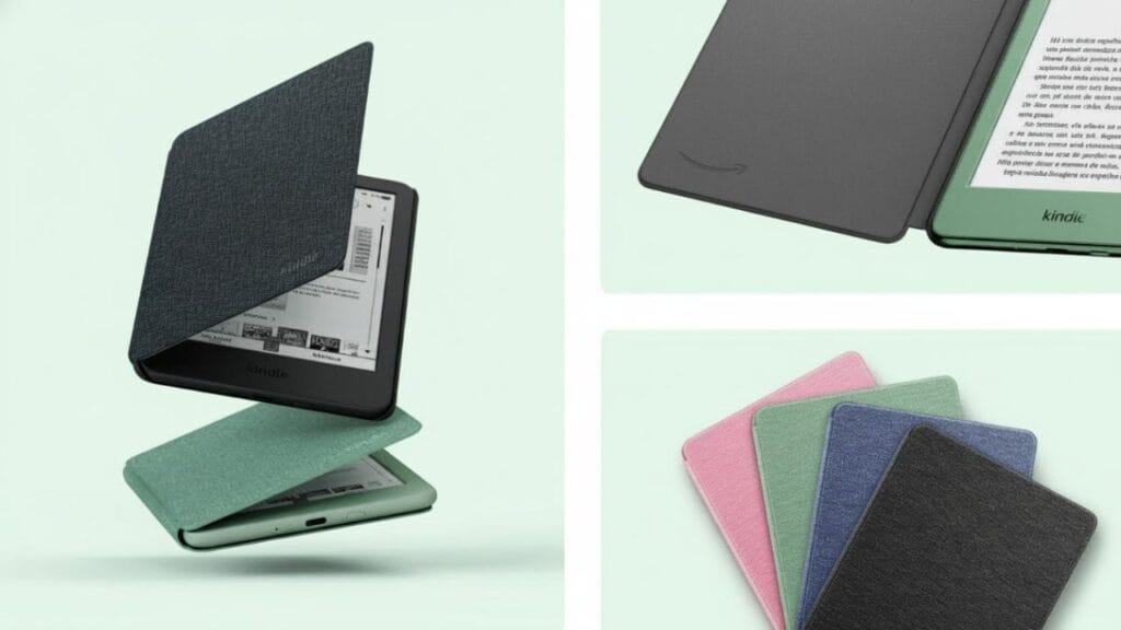 Kindle Verde com capa fina e leve, mostrando personalização do dispositivo e leitura confortável com função de despertar automático