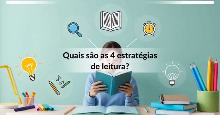 Pessoa lendo livro e tablet com símbolos das 4 estratégias de leitura – leitura analítica, crítica, exploratória e intensiva.