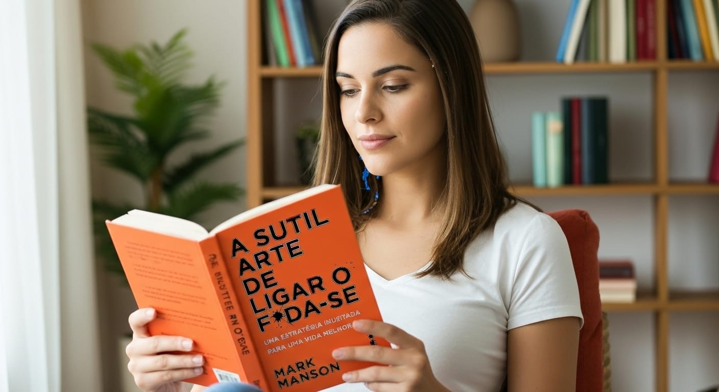 Sofia lendo o livro 'A Sutil Arte de Ligar o Fda-se para Viver Melhor', concentrada, em um ambiente aconchegante, refletindo sobre as lições do autor Mark Manson.
