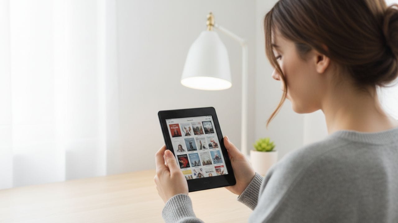Pessoa organizando sua biblioteca no Kindle, segurando o dispositivo no centro da imagem com a tela exibindo livros digitais e coleções bem organizadas.