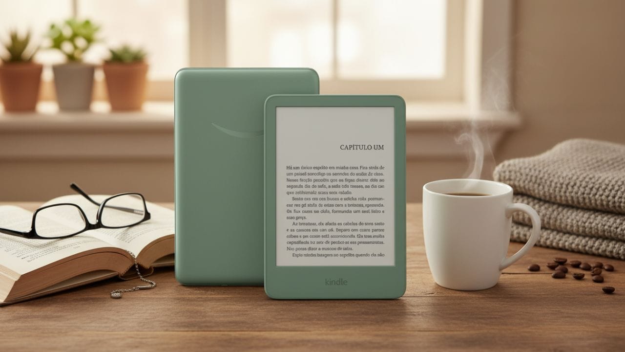 E-reader Kindle Verde da Amazon com capa fechada, design compacto e acabamento moderno