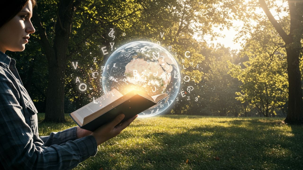Pessoa lendo um livro ao ar livre com o planeta Terra ao fundo, simbolizando como a leitura pode transformar o mundo.