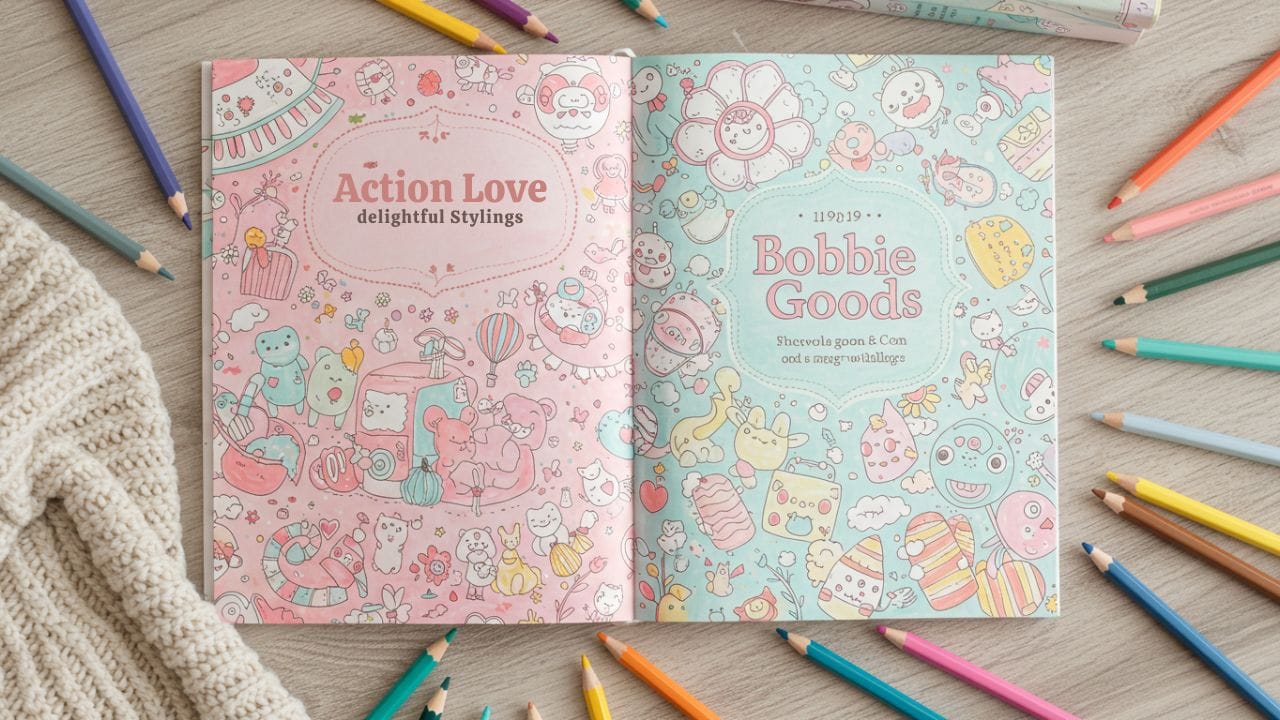 Imagem vibrante de um livro de colorir Bobbie Goods aberto, com ilustrações fofas e detalhadas em tons pastéis, cercado por lápis de cor, criando um ambiente relaxante e criativo, ideal para momentos de autocuidado.