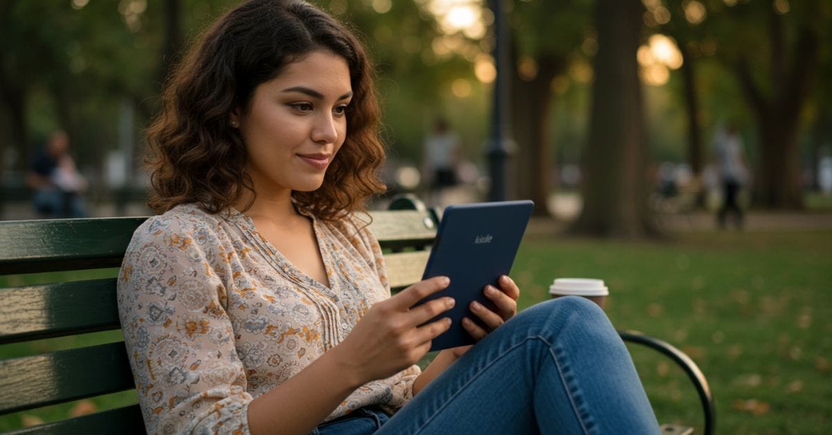 Mulher jovem lendo ebook no Kindle Paperwhite sentada em banco de parque durante o pôr do sol, com expressão concentrada e mãos segurando o dispositivo com capa azul, café ao lado e óculos de grau - cenário natural com árvores desfocadas ao fundo