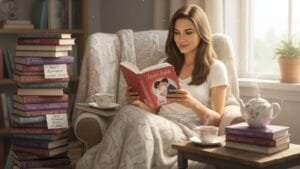 Mulher lendo livro de romance em ambiente aconchegante com pilhas de livros, representando os melhores romances de 2026.