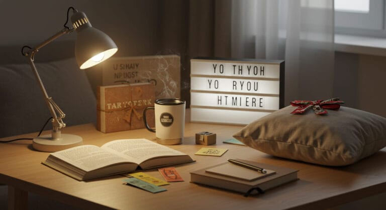 Mesa aconchegante com livro aberto, luminária de leitura, caneca térmica, marcadores de página coloridos, bloco de notas, almofada confortável e quadro de luz com citação inspiradora, ambiente iluminado por luz natural suave.