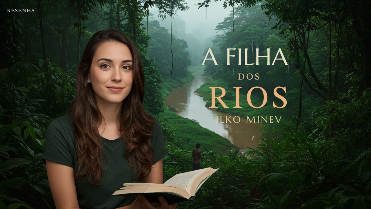 Capa de resenha do livro 'A Filha dos Rios', com a imagem da Sofia Almeida, personagem do blog Seu Universo de Leitura, em estilo acolhedor e casual, ao lado de elementos da floresta amazônica ao fundo, destacando o título e a palavra 'Resenha' em design moderno e convidativo