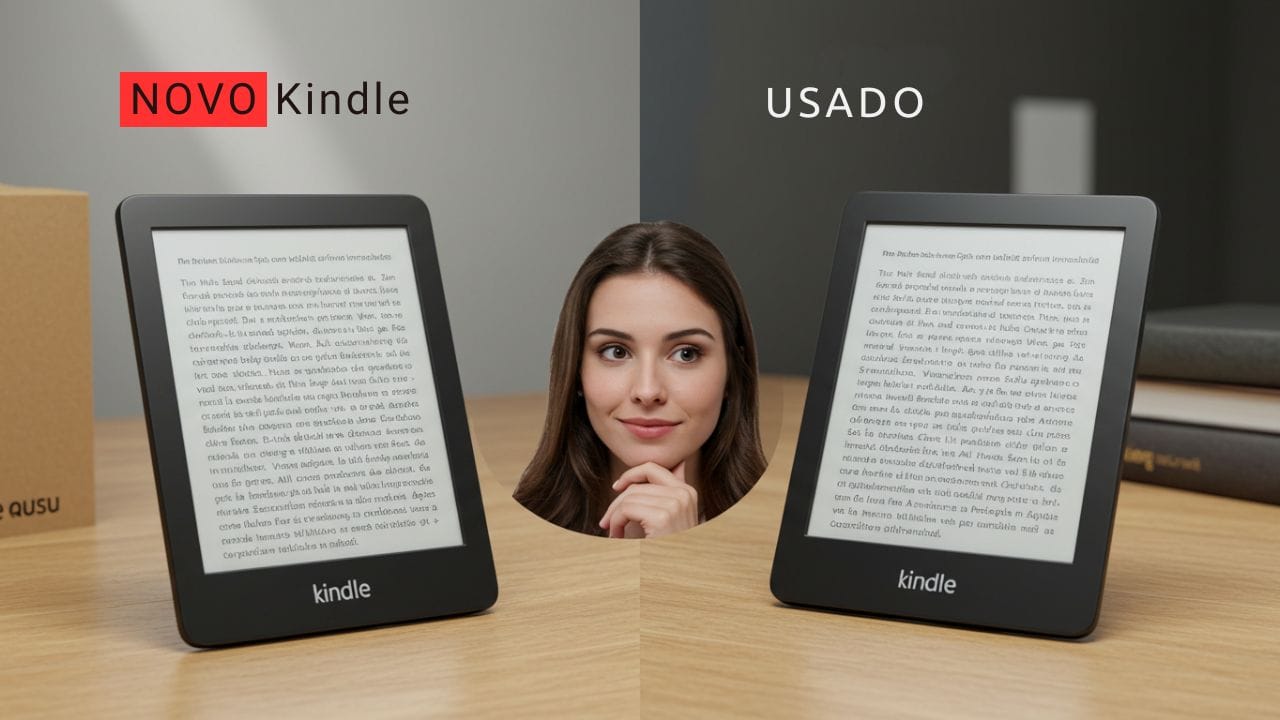 Sofia Almeida analisando as diferenças entre um Kindle novo e um Kindle usado para guiar sua decisão de compra.