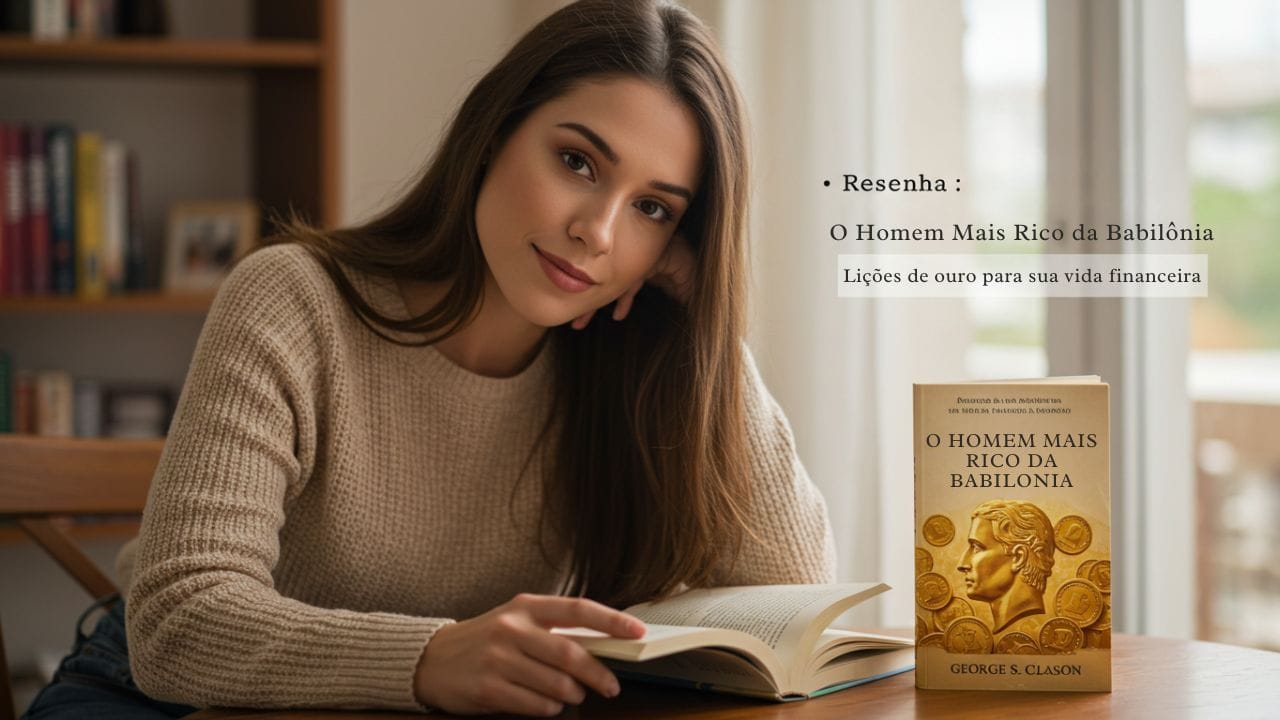 Jovem brasileira com cabelos castanhos longos, sentada à mesa de madeira com o livro “O Homem Mais Rico da Babilônia” à frente, em ambiente acolhedor com luz natural suave. Texto sobreposto: “Resenha: O Homem Mais Rico da Babilônia — Lições de ouro para sua vida financeira.