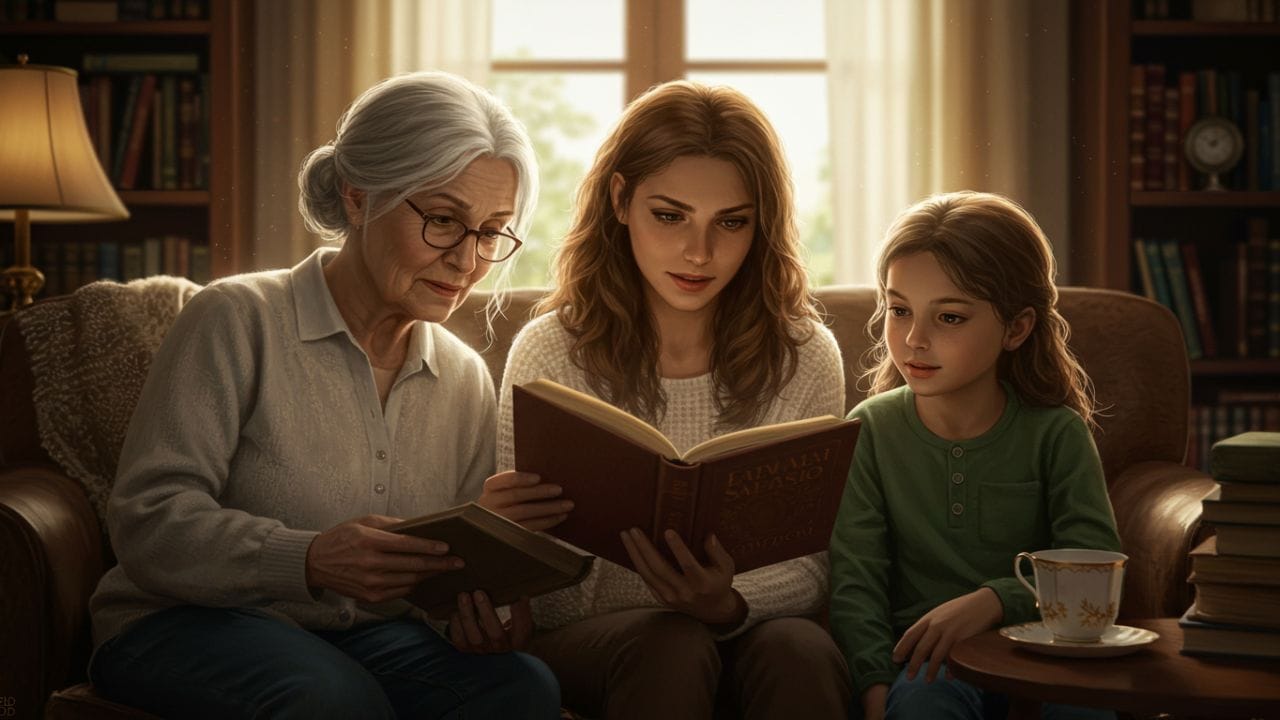 Três gerações de uma família — avó, jovem adulta e criança — sentadas juntas em uma sala aconchegante, lendo um livro clássico à luz do fim da tarde. Cena emocional que representa como a leitura conecta diferentes gerações.