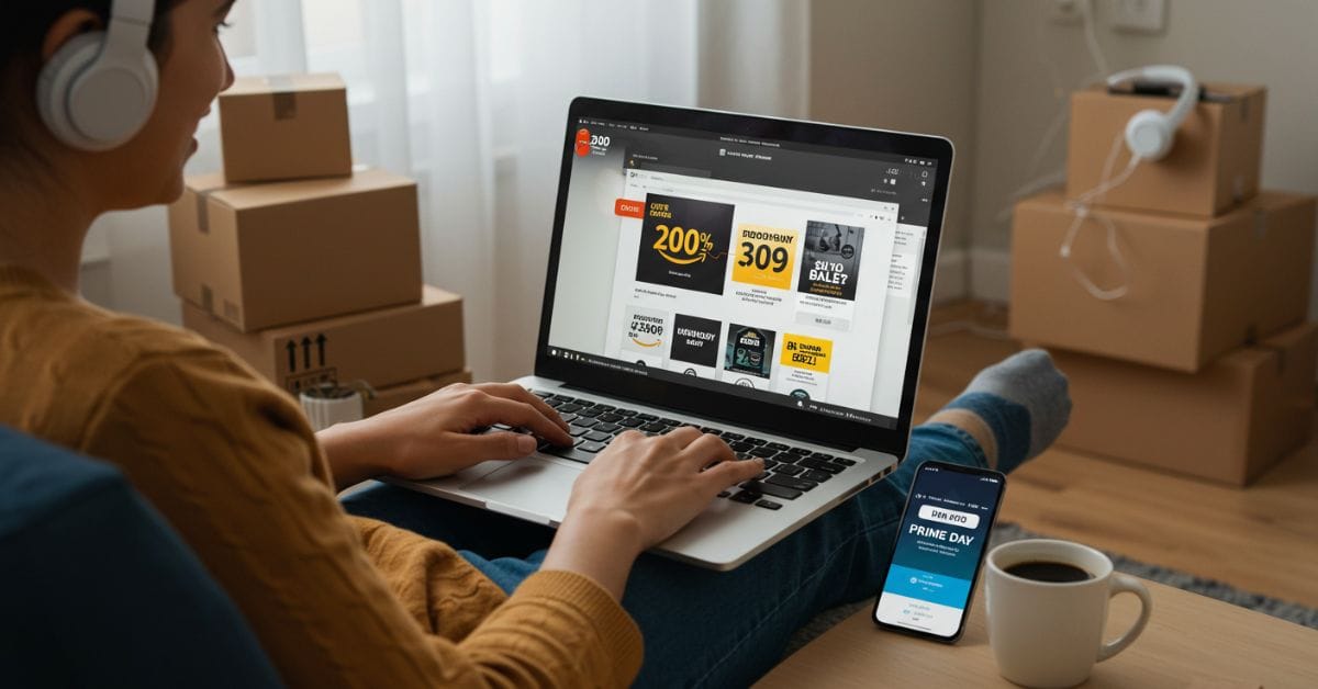 Pessoa jovem comprando online em laptop, visualizando ofertas e cupons do Amazon Prime Day, com smartphone ao lado mostrando notificações de promoções, em ambiente aconchegante.