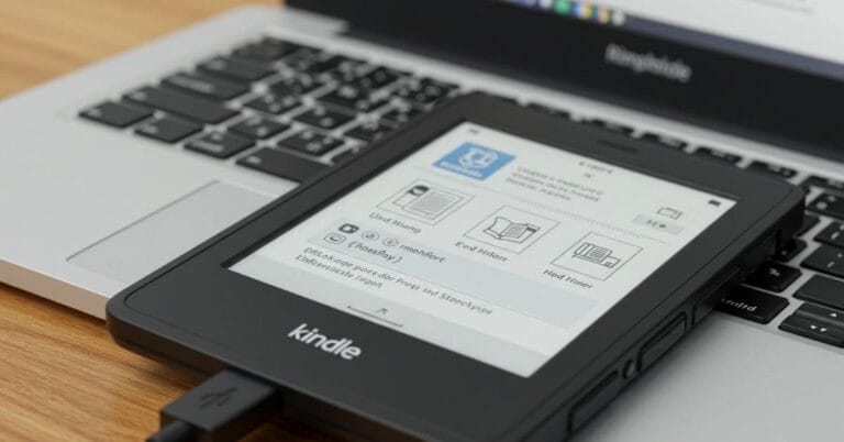 Kindle conectado ao computador via cabo USB para transferência de arquivos.