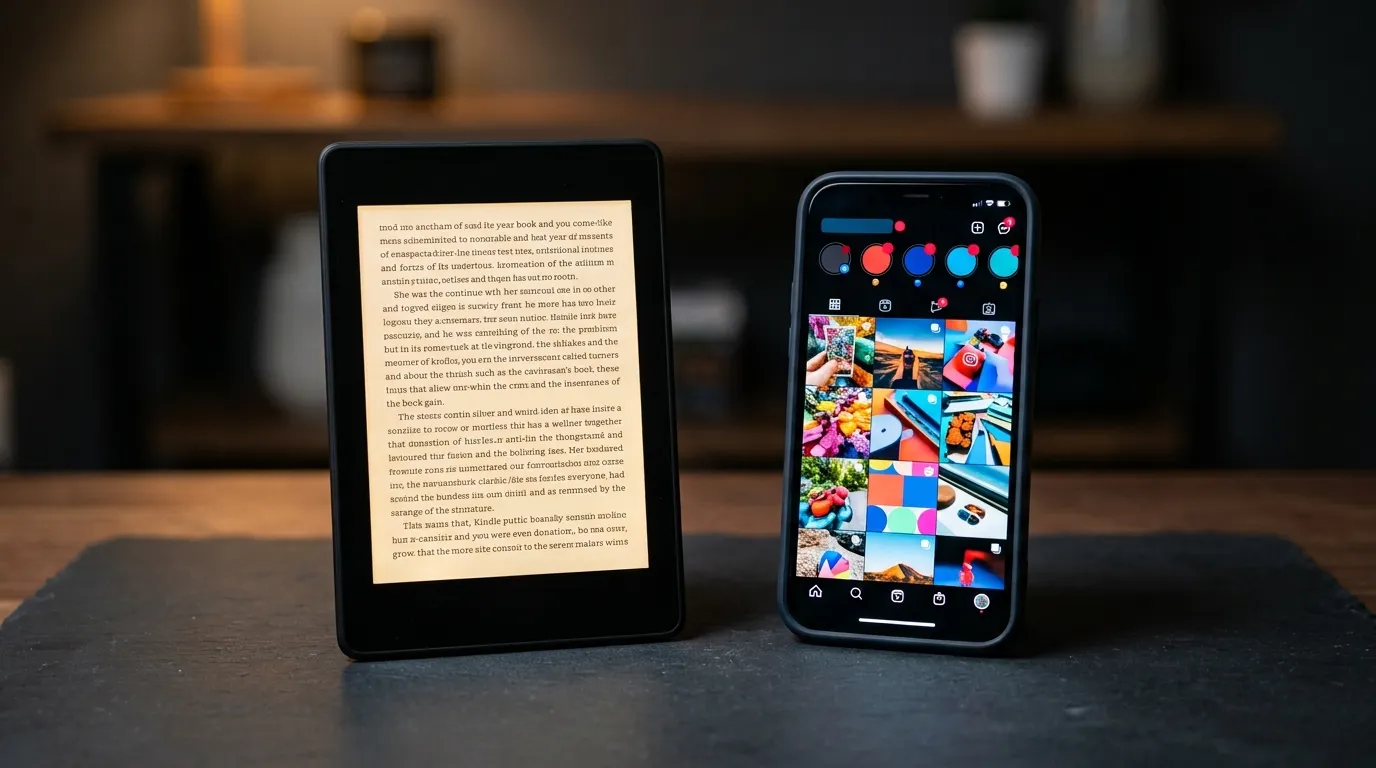 Kindle e-reader ao lado de um smartphone sobre superfície escura — comparativo entre leitura no Kindle e no celular