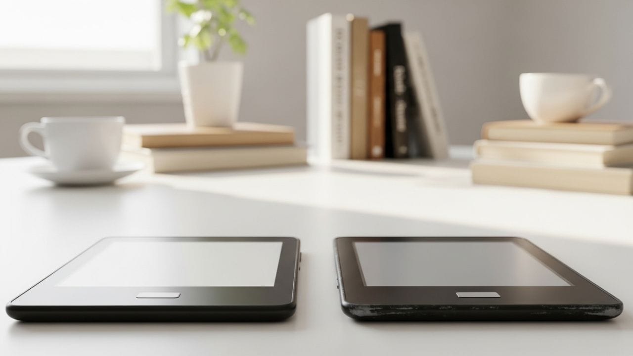 Comparação entre Kindle usado e Kindle novo sobre mesa minimalista com livros e café, mostrando diferenças de aparência e destacando escolha de leitura digital em 2026.