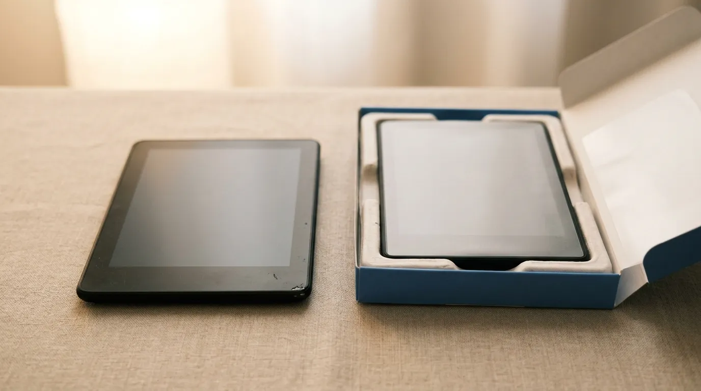 Kindle usado ao lado de um Kindle novo sobre superfície neutra — guia completo para comprar Kindle usado com segurança em 2026.