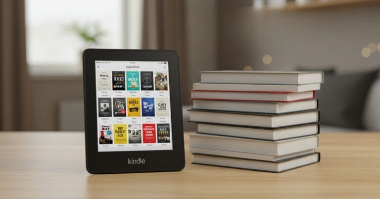 Comparação visual de quantos livros cabem em um Kindle de 16GB, mostrando o dispositivo ao lado de uma pilha de livros físicos