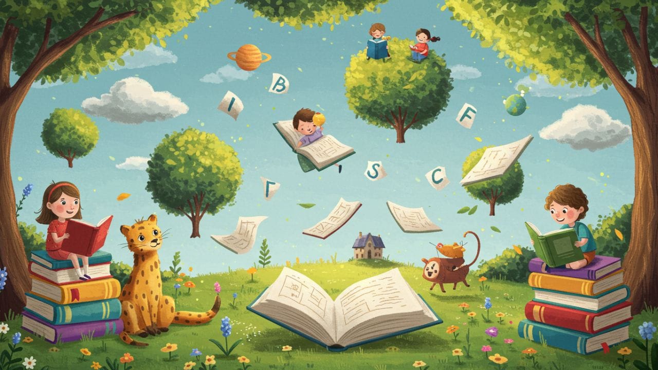 Ilustração colorida e mágica de crianças e animais lendo livros em um ambiente imaginativo, representando diversão e criatividade, perfeita para ilustrar um artigo sobre o melhor livro infantil