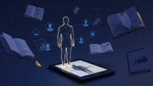 Ilustração conceitual do melhor livro de persuasão, mostrando uma silhueta humana iluminada por linhas de luz conectando outras silhuetas, com livros flutuantes e gráficos sutis ao fundo, simbolizando liderança, influência ética e estratégias de persuasão aplicáveis.