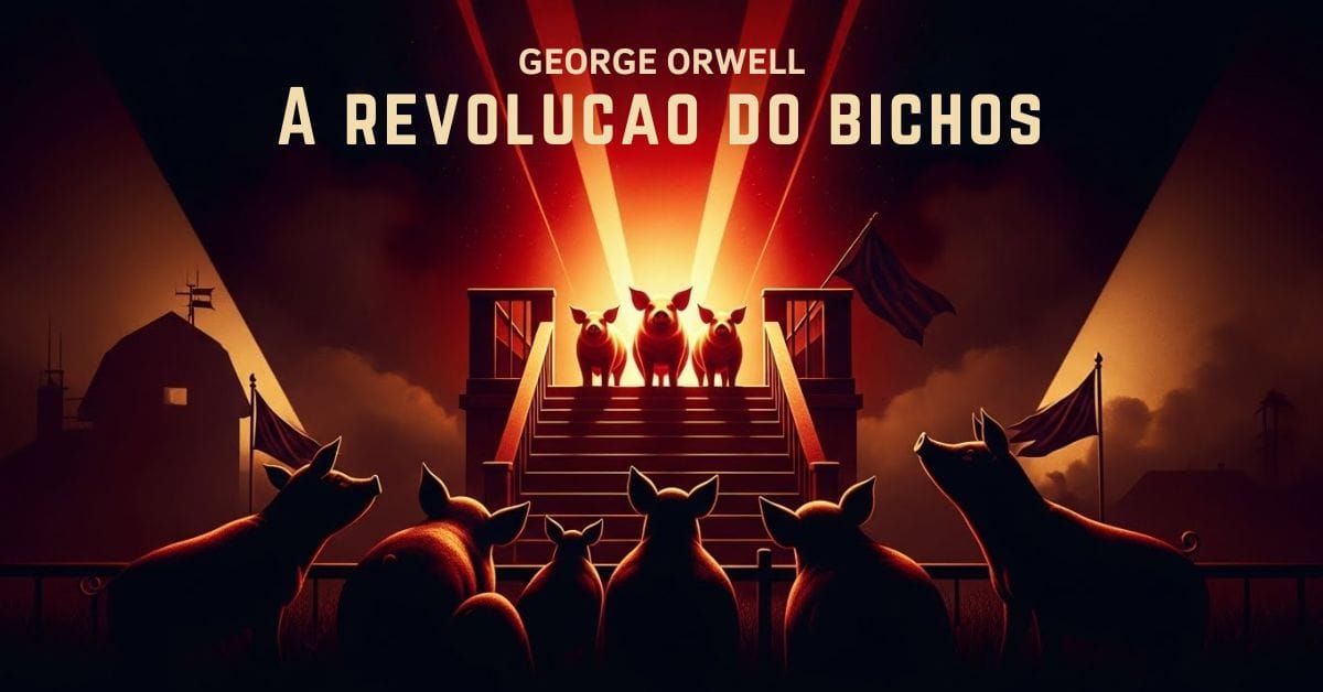 Cena dramática inspirada em “A Revolução dos Bichos”, mostrando porcos em uma plataforma iluminada por brilho vermelho, com animais em silhueta olhando para cima, simbolizando poder autoritário e hierarquia.