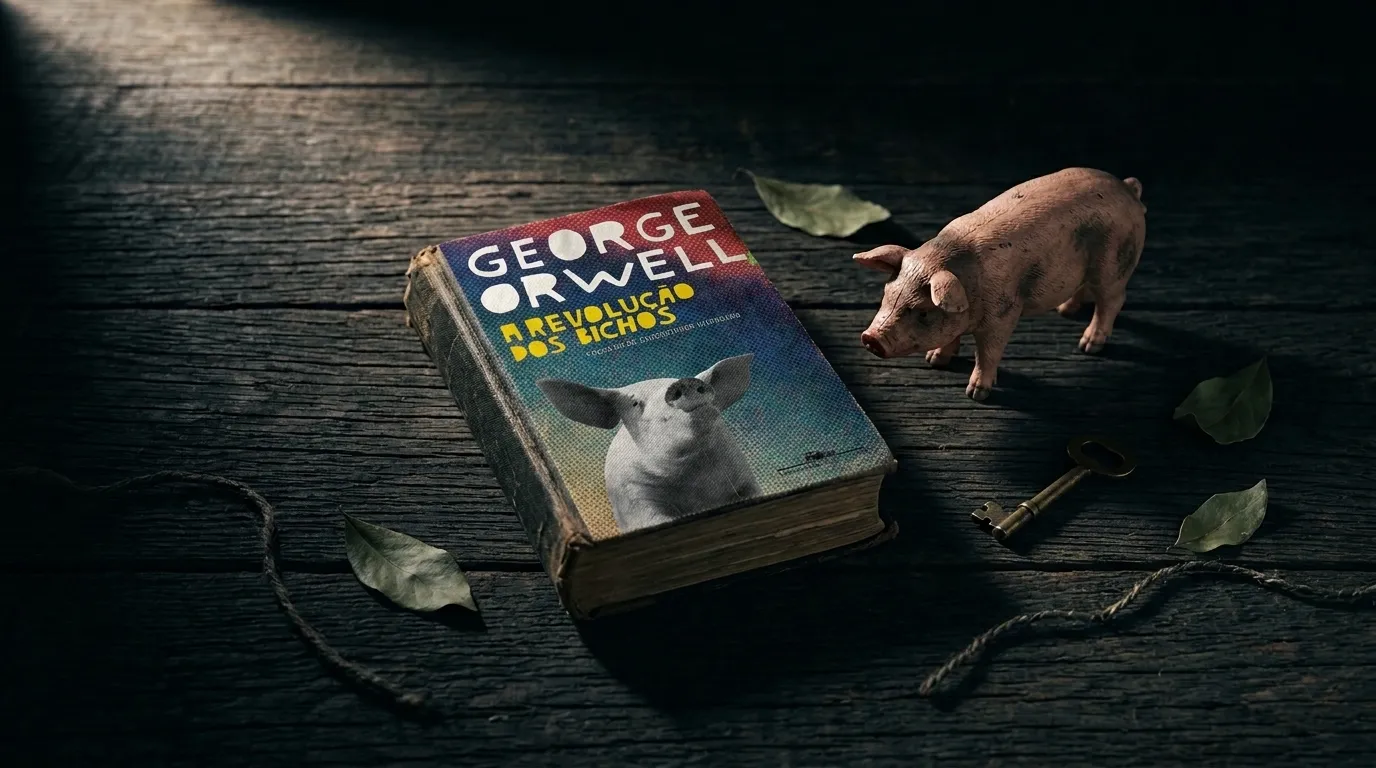 Livro A Revolução dos Bichos de George Orwell sobre superfície escura — resenha completa, resumo, personagens e tudo sobre o filme 2026.