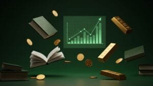 Livros de investimentos e finanças pessoais flutuando em cena futurista, com gráficos de crescimento, moedas e barras de ouro ao redor, representando melhores livros de finanças, educação financeira, mentalidade de riqueza, investimentos para iniciantes e estratégias financeiras para 2025.