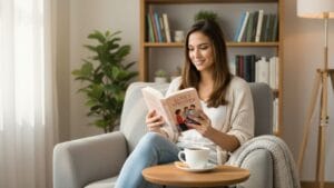 Mulher lendo um livro de romance em ambiente aconchegante, simbolizando hábito de leitura e prazer na escolha do melhor livro em 2026.