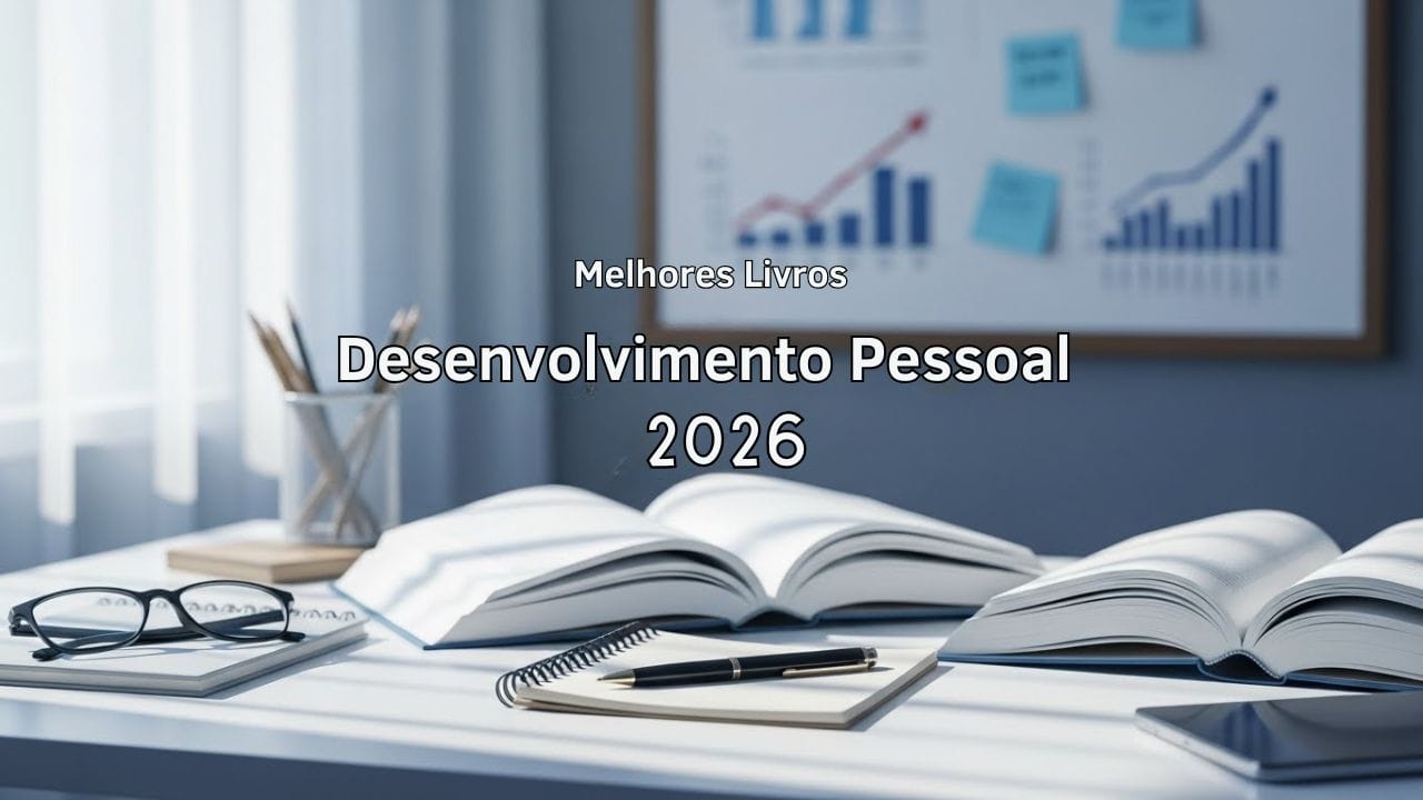 Melhores livros de desenvolvimento pessoal 2026 sobre uma mesa organizada com livros abertos, notebook e óculos, representando crescimento, aprendizado e transformação pessoal.