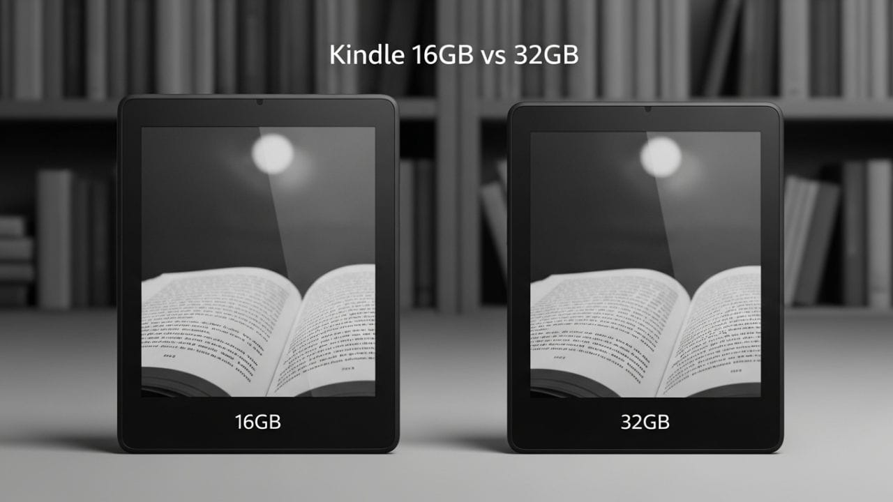 Comparativo ultra-realista de dois leitores Kindle da Amazon, mostrando os modelos 16GB e 32GB lado a lado, com destaque para a tela antirreflexo e iluminação suave. Texto sobreposto em português: 'Kindle 16GB vs 32GB – Qual escolher em 2025?'