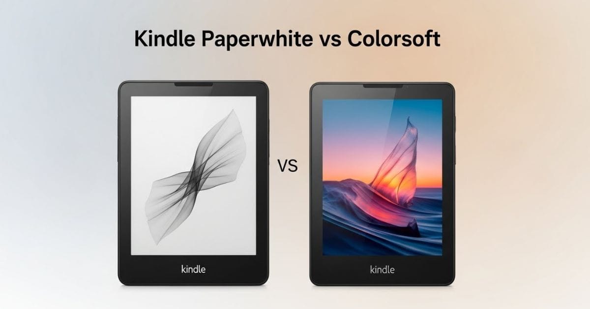 "Comparação entre Kindle Paperwhite e Kindle Colorsoft lado a lado, mostrando a tela preta e branca do Paperwhite e a tela colorida do Colorsoft, com título em português 'Kindle Paperwhite vs Colorsoft'."