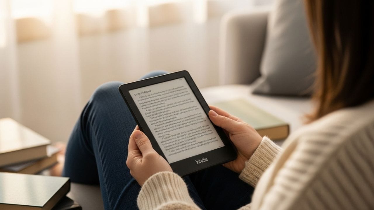 Pessoa lendo em um Kindle em um ambiente aconchegante, representando o acesso ilimitado a livros digitais pelo Kindle Unlimited.