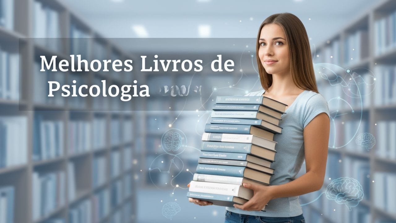 "Capa de artigo mostrando uma pessoa segurando uma pilha de livros, representando os melhores livros de psicologia em 2025. Fundo limpo com tons suaves e elementos sutis do cérebro e símbolos psicológicos, transmitindo conhecimento, aprendizado e crescimento pessoal