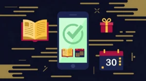 Celular com tela de confirmação de assinatura e ícones de livro e presente — ilustração do tutorial como assinar Kindle Unlimited.